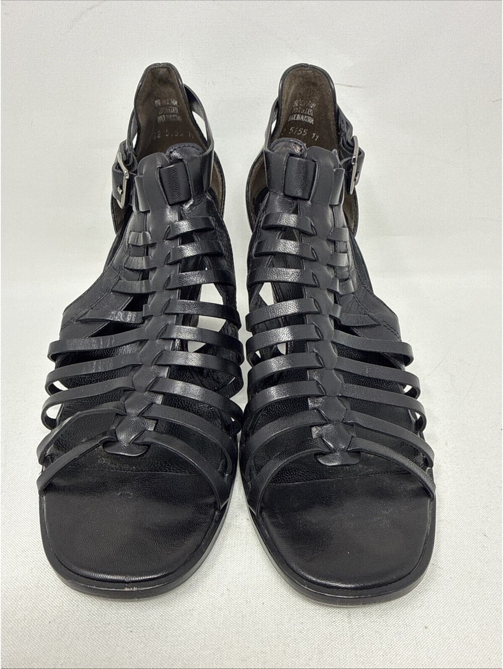 Paul Green Christy Black Leather Gladiator Sandals Stacked Heel Size 5.5 US